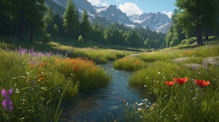 Wall Mural - Landscape summer wild river in the mountains