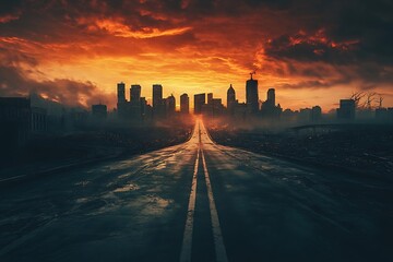 Canvas Print - A desolate road leading to a city skyline under a dramatic sunset, evoking a sense of isolation and change.