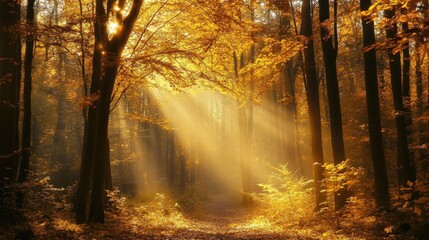 Wall Mural - Golden Rays of Sunlight Illuminating a Misty Forest Path