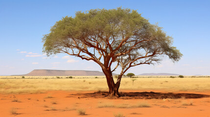 Single Tree in Savanna Landscape with Red Sand and Blue Sky