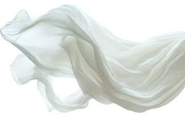 A flowing piece of white sheer fabric drapes and sways gently, showcasing its lightweight texture and smooth movement. Transparent background PNG