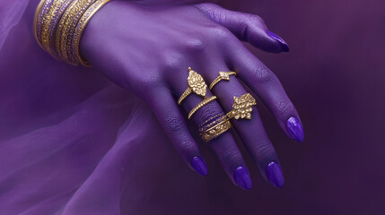 Lilac-painted hands with gold jewelry, featuring Oriental bracelets. Close-up of luxury accessories against a purple background. High fashion art concept.