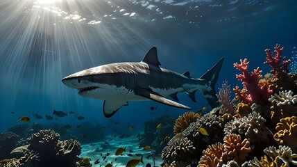 A massive great white shark glides through crystal-clear tropical waters, its powerful form silhouetted against a vibrant coral reef.