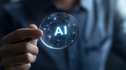 A person holds a magnifying glass revealing the concept of AI, symbolizing technology and innovation in modern society.