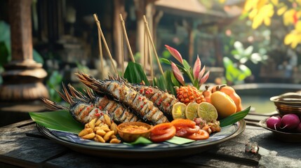 Detailed 3D image of fried mackerel and shrimp paste chili dip, complemented by carved Thai fruits and vegetables on a plate, set against a Thai house background, no people.