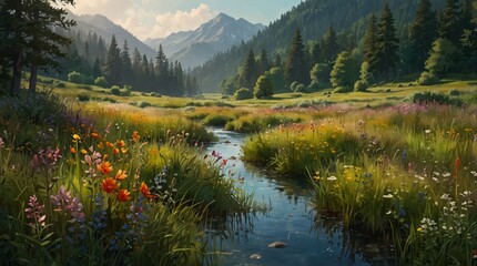 Wall Mural - Landscape summer wild river in the mountains