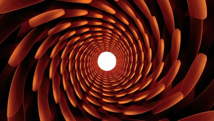 Dynamic dark gold-orange and red ellipses rotating around a central point. Abstract colorful tunnel with a swirling spiral pattern. High-quality 4K motion design video.