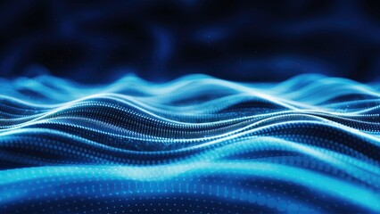  Dynamic digital particle wave with flowing data, cyber technology background featuring glowing, defocused textured dots.