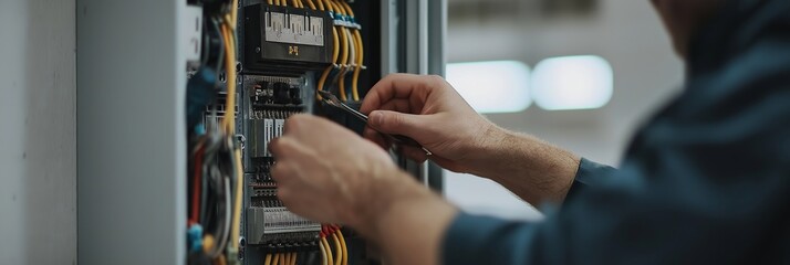 Close-up of an engineer's hands adjusting equipment in an electrical panel, ensuring each connection is secure.