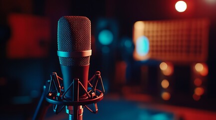 A professional condenser microphone stands ready for recording in a music studio, bathed in red and blue light.