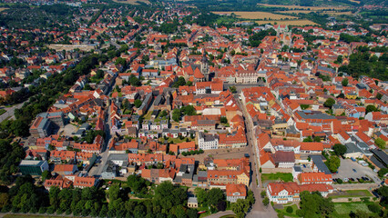 A wide angle aerial view of the old town of the city Naumburg in Burgenlandkreis  on a summer noon in Germany.