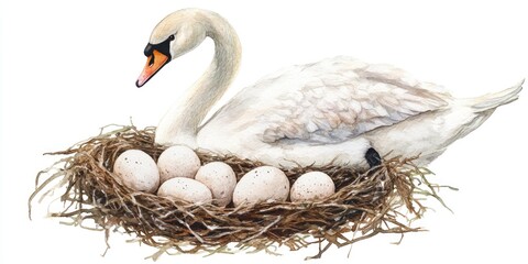 Watercolor illustration of a swan with eggs in a nest Isolated nesting birds on a white background