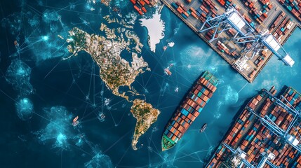 Aerial view of a cargo ship in a harbor, with a map of the world superimposed on the water, illustrating global trade.