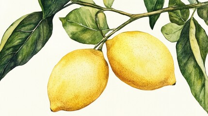 Watercolor illustration of two lemons on a tree branch