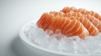 Wall Mural - Detailed 3D image of salmon sashimi placed on ice, highlighting the glossy texture of the fish and ice crystals on a minimalist white background, no people.