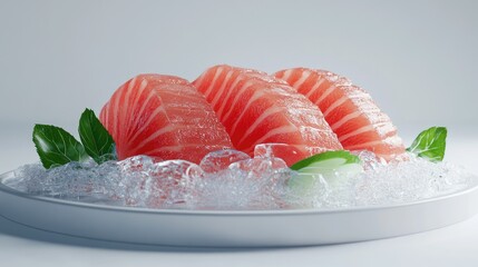 Detailed 3D image of sashimi on ice, highlighting the fresh texture and glossy appearance of the fish on a minimalist white background, no people.