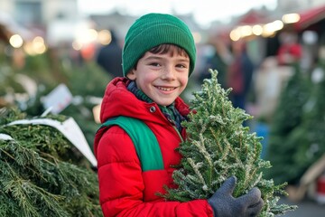 Blond boy picking a tree with green wool hat, red vest, white pullover, blue pants, and yellow boots