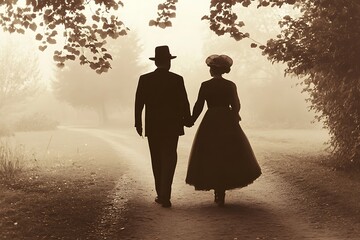 Canvas Print - A couple holding hands in a misty park, creating a romantic and nostalgic atmosphere.