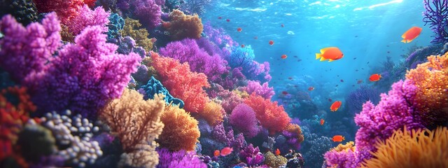 Underwater coral reef with colorful fish and sea life, a vibrant marine landscape. An ocean underwater scene with sunlight filtering through the water