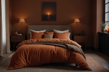 Wall Mural - A bed with a brown comforter and pillows