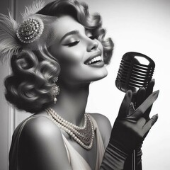 Avant Garde sophisticated  1920s happy lady side profile  holding up a vintage microphone with eyes closed and singing into it and with white background