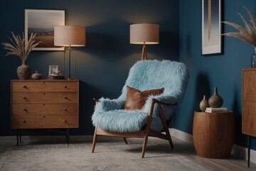 Wall Mural - A blue chair with a fur blanket on it sits in a room with a blue wall