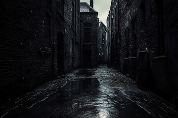 Poster - A dark, rainy alleyway with wet cobblestones, evoking a moody and atmospheric urban scene.