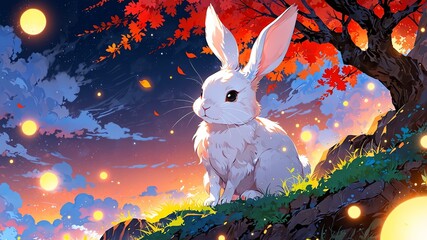 Chinese theme zodiac rabbit in a mystical scene background