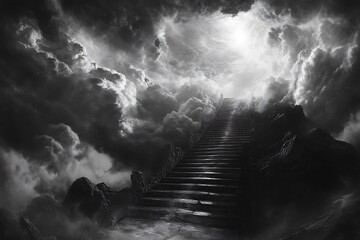 Canvas Print - A dark, atmospheric staircase leading to a light-filled sky, evoking a sense of mystery and transcendence.