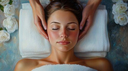 Young woman doing facial skin care. The hands of a beautician are treating an attractive young female client in a beauty clinic. Health care concept