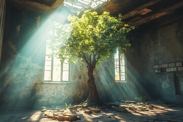 Canvas Print - A solitary tree grows in an abandoned building, illuminated by sunlight filtering through broken windows.