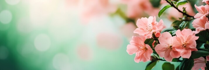 Sticker - A beautiful image of delicate pink flowers blooming on a soft green background. The image evokes feelings of spring, new beginnings, and growth.