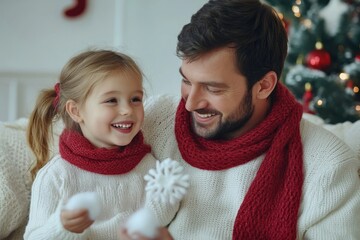 An excited father looks at a Christmas tree with his daughter