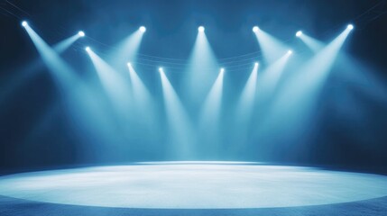 Bright white lights with a blue background Spotlights highlight an empty stage in an abstract setting