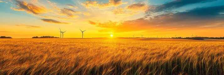 Canvas Print - A breathtaking landscape showcasing a golden wheat field stretching towards a vibrant sunset. Wind turbines stand tall against the backdrop, symbolizing renewable energy, growth, and nature's beauty.