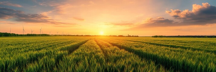 Canvas Print - A breathtaking panorama of a vast, vibrant green field bathed in the warm glow of a setting sun. The sky is ablaze with hues of orange, pink, and purple, casting long shadows across the landscape. The