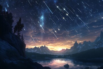 Wall Mural - A serene landscape featuring a starry night sky with shooting stars, mountains, and a reflective lake at sunset.