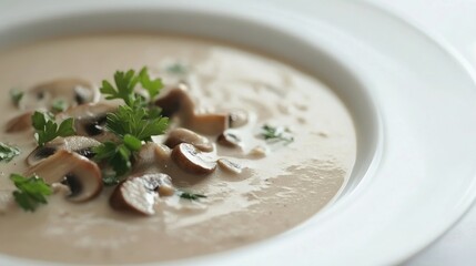 Mushroom soup close-up, beautifully presented on a simple plate with a focus on its creamy consistency and visual appeal, set against a white background, no people.