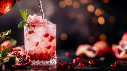 Wall Mural - A close-up of a refreshing pomegranate cocktail being poured into a glass filled with ice. The drink is garnished with a pink flower and fresh mint leaves. This image symbolizes summer, celebration, i