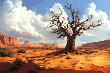 Poster - A barren landscape featuring a gnarled tree against a backdrop of dramatic clouds and rocky formations.