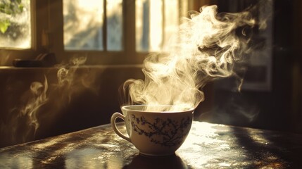 Canvas Print - A Steaming Cup of Tea on a Sunny Day