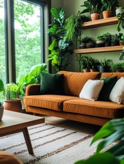 Poster - A cozy living room with a comfortable brown sofa and an abundance of lush greenery. The large windows allow natural light to flood the space, creating a warm and inviting atmosphere. The plants add a 