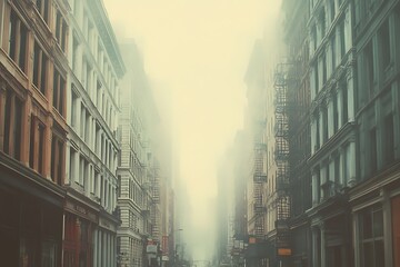 Wall Mural - A foggy street scene with tall buildings, creating a mysterious urban atmosphere.