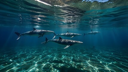 A pod of blue whale swimming in formation through crystal-clear turquoise waters.