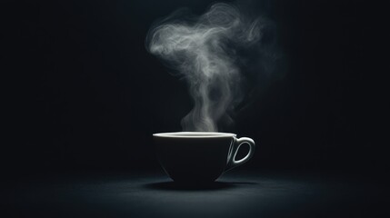 Poster - A White Cup of Coffee with Steam Rising on a Black Background