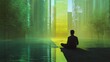 © Kharkovich - Silhouette of a person meditating in a futuristic green cityscape with tall buildings and trees