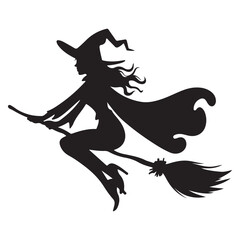 Wall Mural - Mythical characters for Halloween, Silhouette witch flies on a magic broomstick