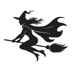 Wall Mural - Mythical characters for Halloween, Silhouette witch flies on a magic broomstick