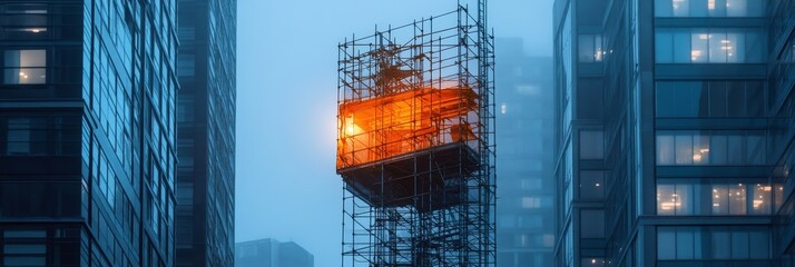 Sticker - A high-rise building under construction at sunset, with scaffolding and glowing windows in the adjacent buildings.  The image symbolizes growth, change, progress, and urban development.