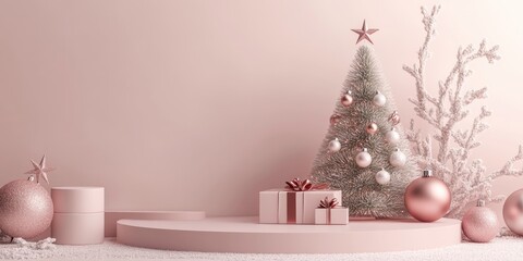 Aufkleber - 3D render illustration featuring festive elements like Christmas ornaments stars and a Christmas tree on a product display platform Winter themed decor with a minimalistic design for the holiday se